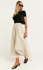 Hermie Midi Dress - Short Sleeve Contrast Dress in Black & Beige | Showpo