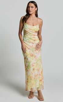 Alessa Midi Dress - Tie Strap Cowl Neck Slip Dress in Yelllow Floral Print