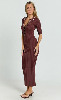 Lada Midi Dress - Short Sleeve Button Front Knit Dress in Chocolate