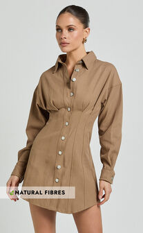 Sofia Mini Dress - Button Through Long Sleeve Dress in Mocha