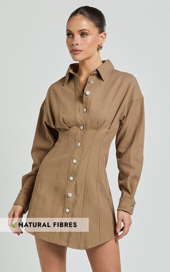 Sofia Mini Dress - Button Through Long Sleeve Dress in Mocha