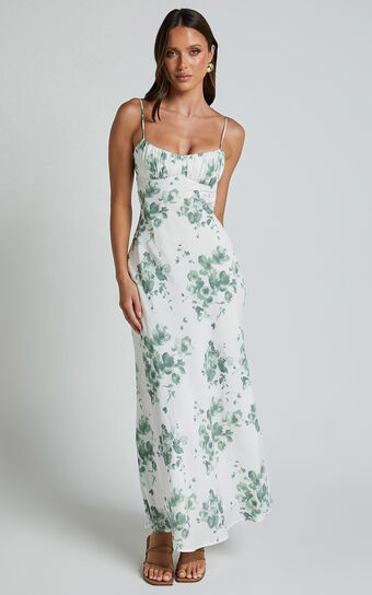 Bettina Midi Dress Strappy Ruched Bust Slip in Green and White Print