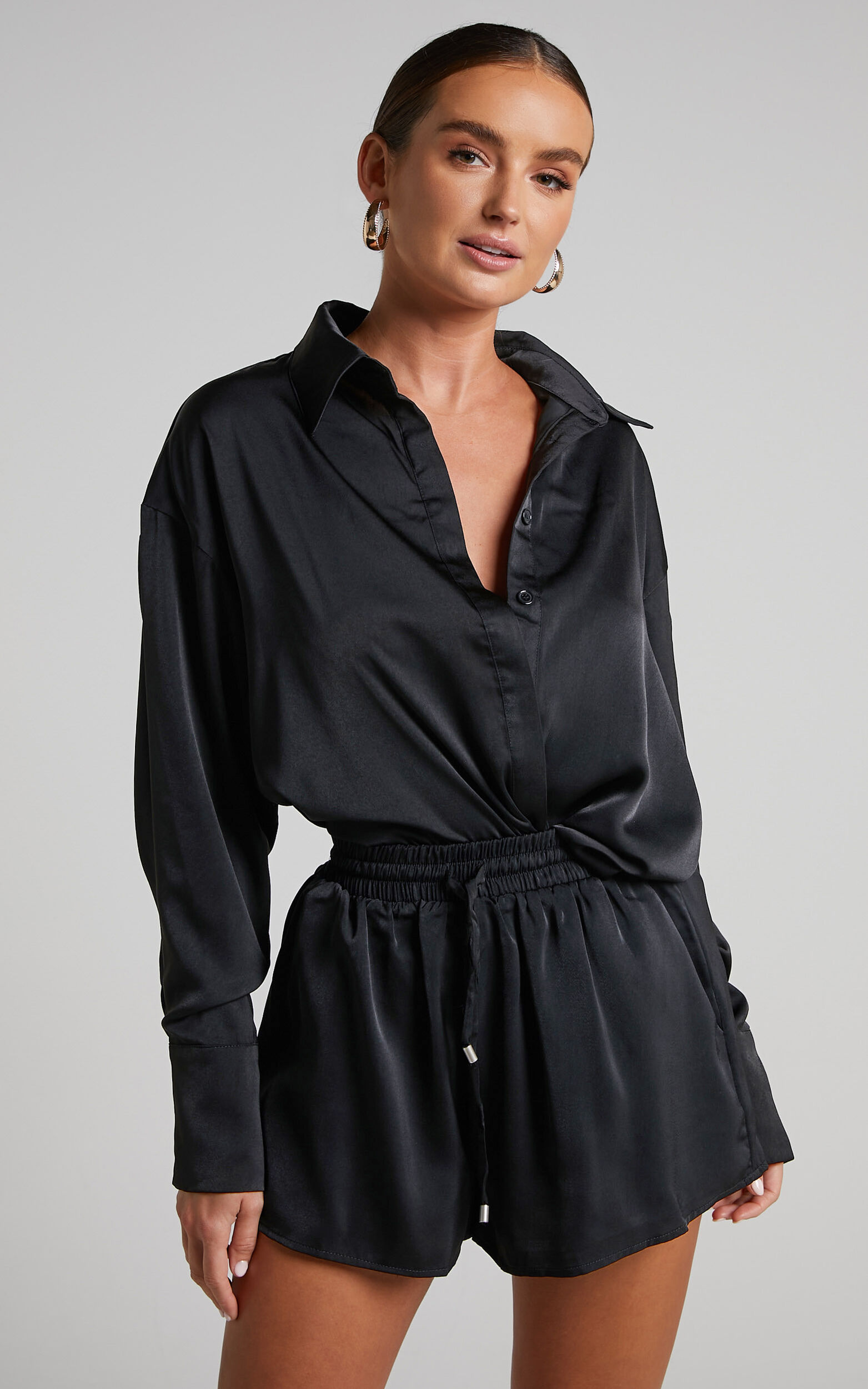 Azurine Shorts - Elastic Waist Satin Shorts in Black - 06, BLK1