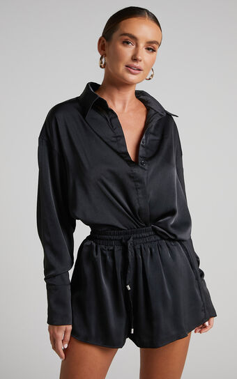 Azurine Shorts - Elastic Waist Satin Shorts in Black