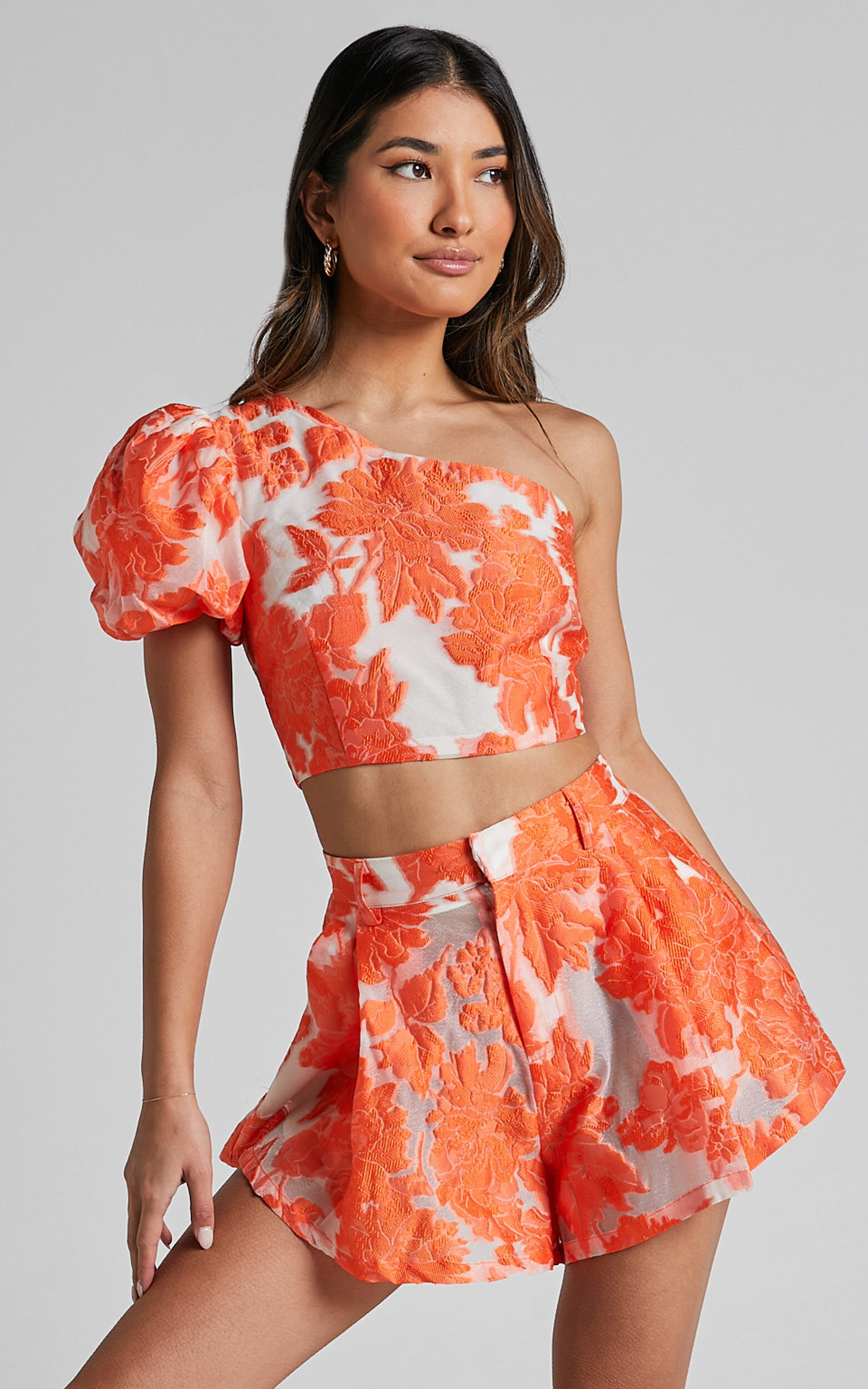 Brailey Two Piece Set - One Shoulder Puff Sleeve Top and Shorts Set in Orange Jacquard - 06, ORG1