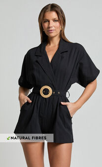 Thaisa Playsuit - Short Sleeve Collared Belted Playsuit in Black