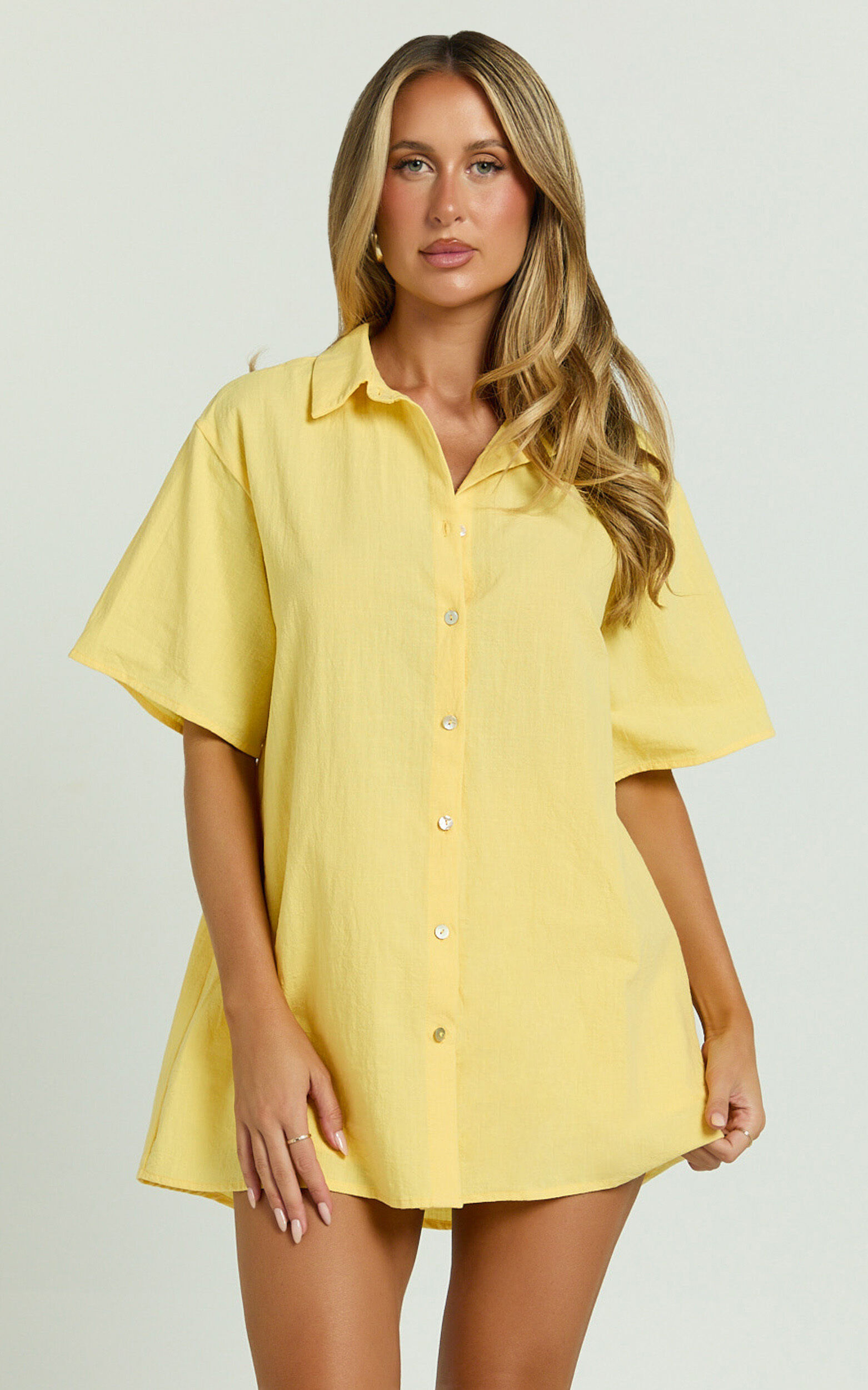 Vina Del Mar Two Piece Set Linen Look Shirt and Shorts Set in Yellow Showpo