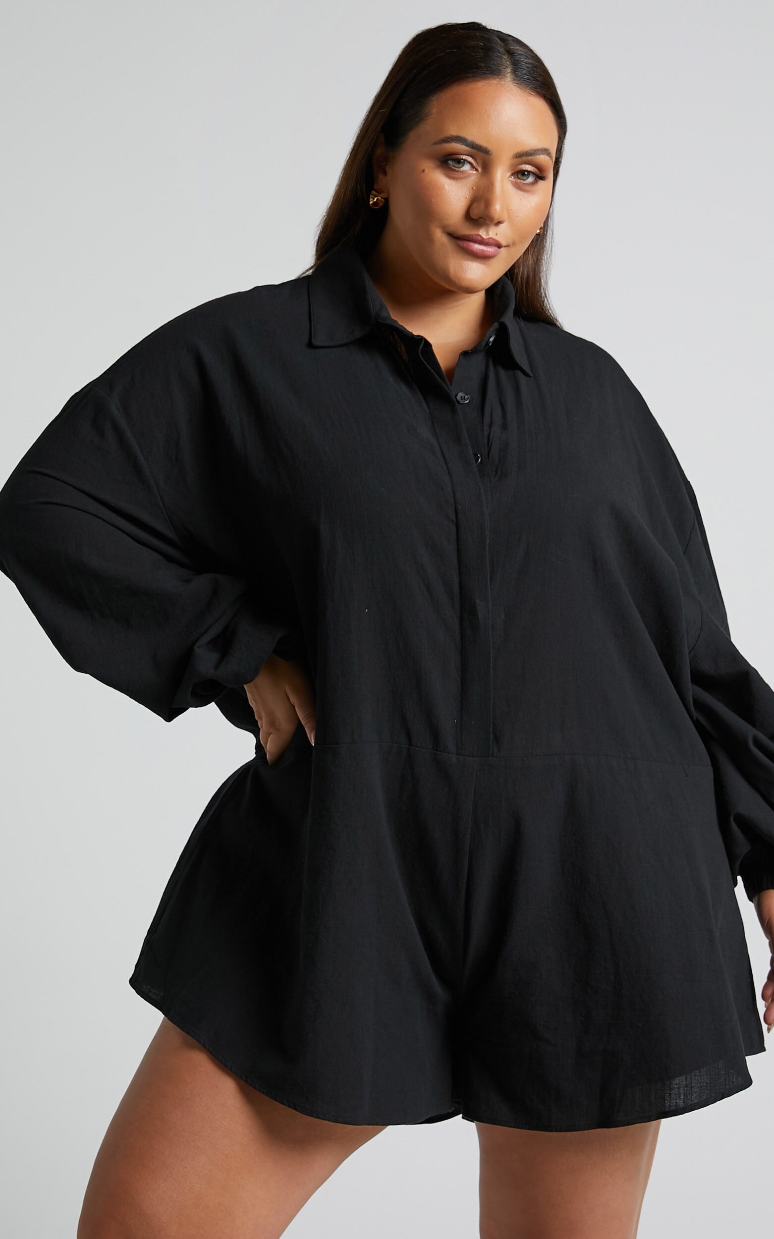 Anka Playsuit Relaxed Button Front Shirt Playsuit in Black Showpo EU