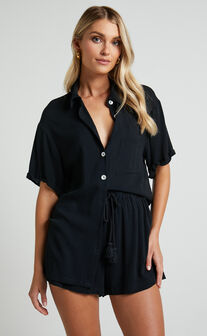 Jubilee Two Piece Set - Button Up Shirt and Shorts Set in Black