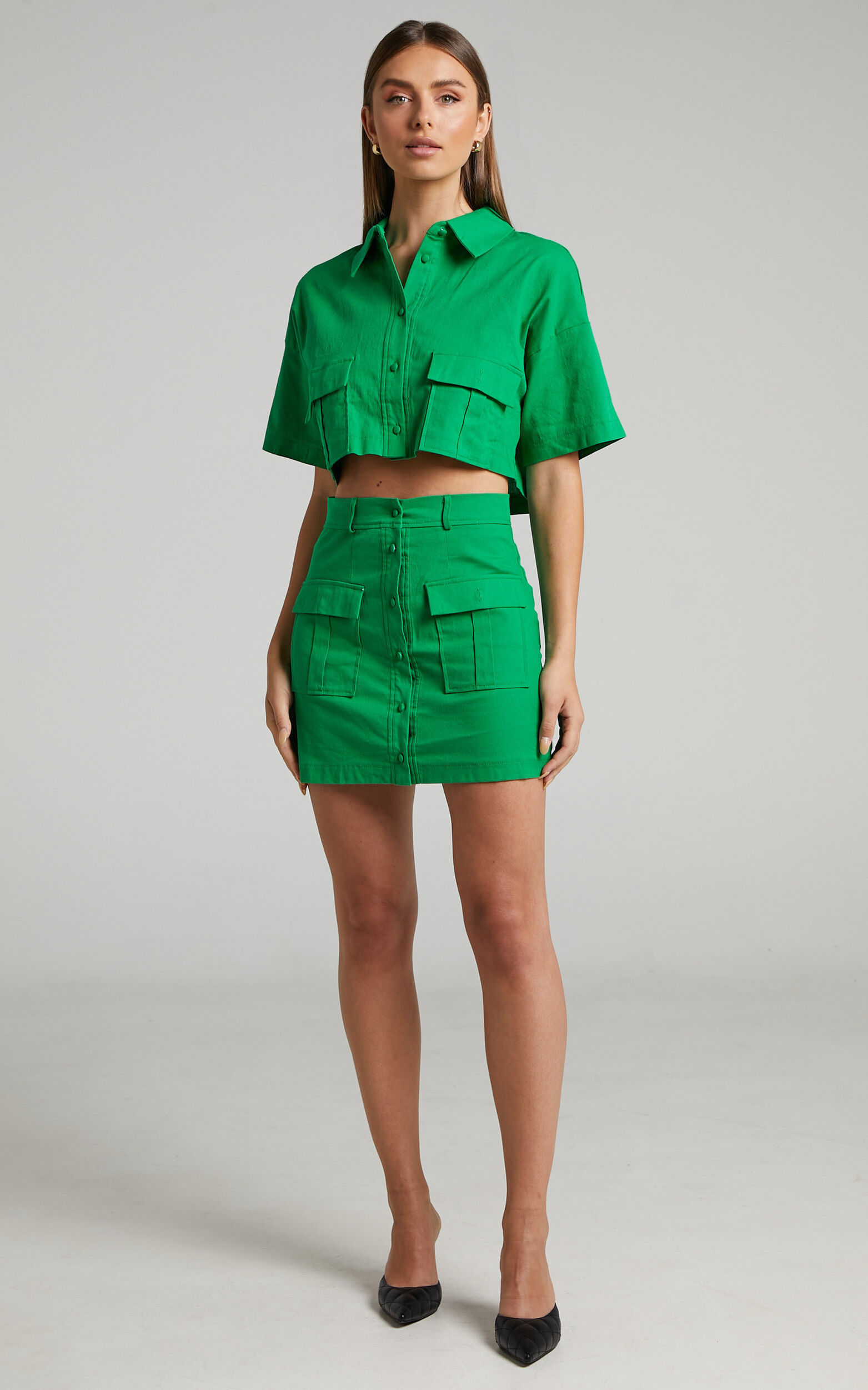 Green mini skirt set store