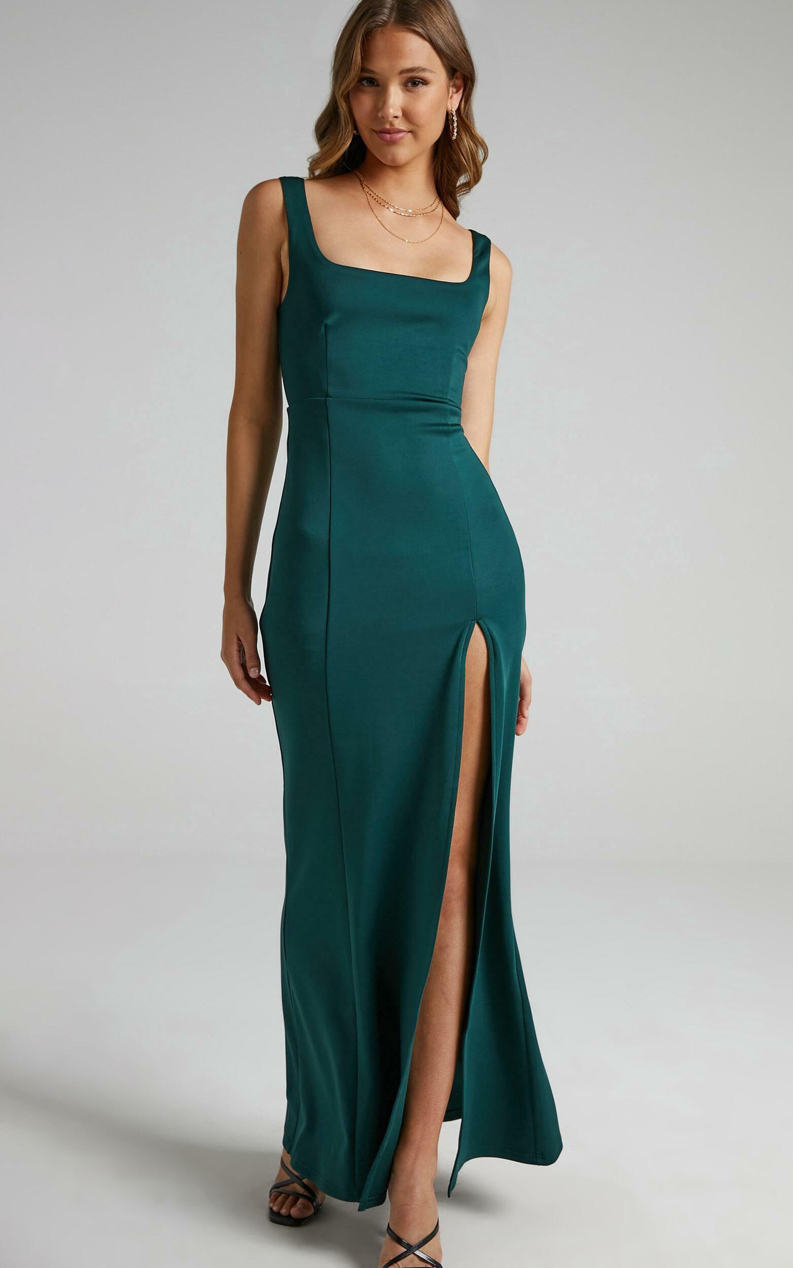 Raquelle Square Neck Thigh Split Maxi Dress in Emerald | Showpo USA