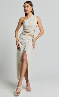 Bailey Top - Linen Look One Shoulder Pleated Bodice Top in Natural
