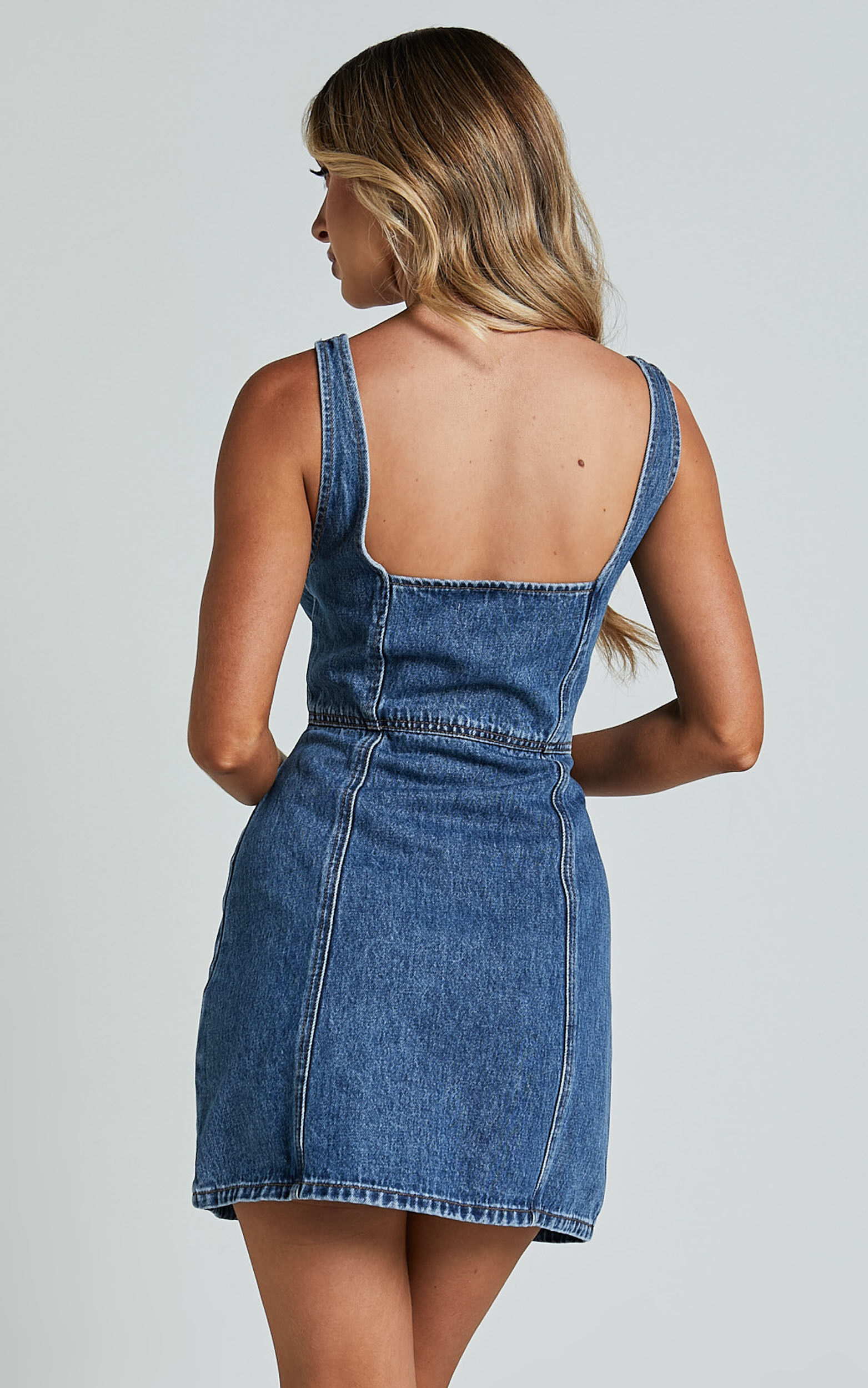Chrysoula Mini Dress - Square Neck Zip Front Sleeveless Bodycon Denim in  Mid Blue Wash