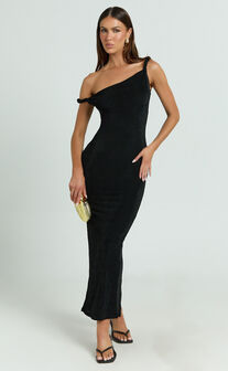 Isabel Midi Dress - Twist Off Shoulder Bodycon Dress in Black