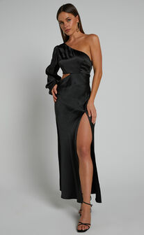 Arichie Midi Dress - Cut Out One Shoulder Balloon Sleeve Dress in Black