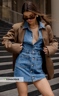 Gertrude Mini Skirt - High Waist Button Through Denim Skirt in Mid Blue Wash