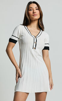 Cassandra Mini Dress - Knit Contrast Mini Dress in Ivory/Black