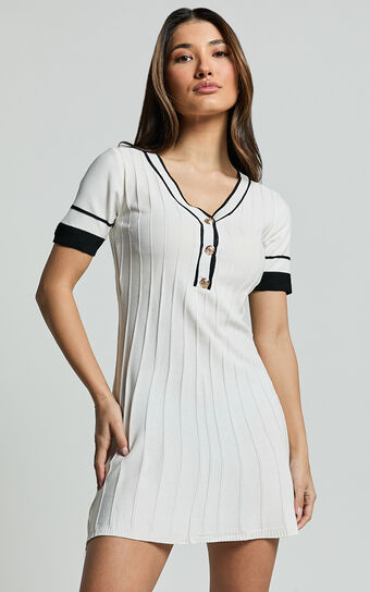 Cassandra Mini Dress - Knit Contrast Mini Dress in Ivory/Black