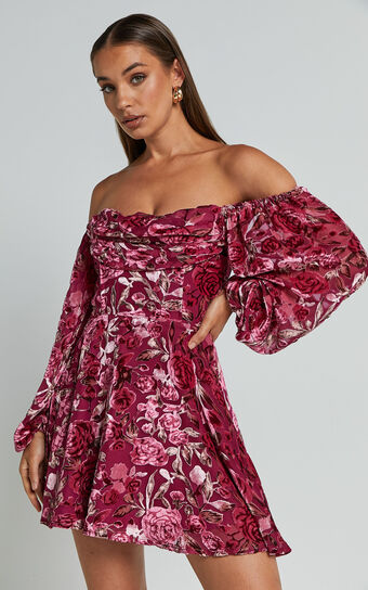 Jessell Mini Dress - Long Sleeve Cowl Corset Dress in Pink Floral Burnout