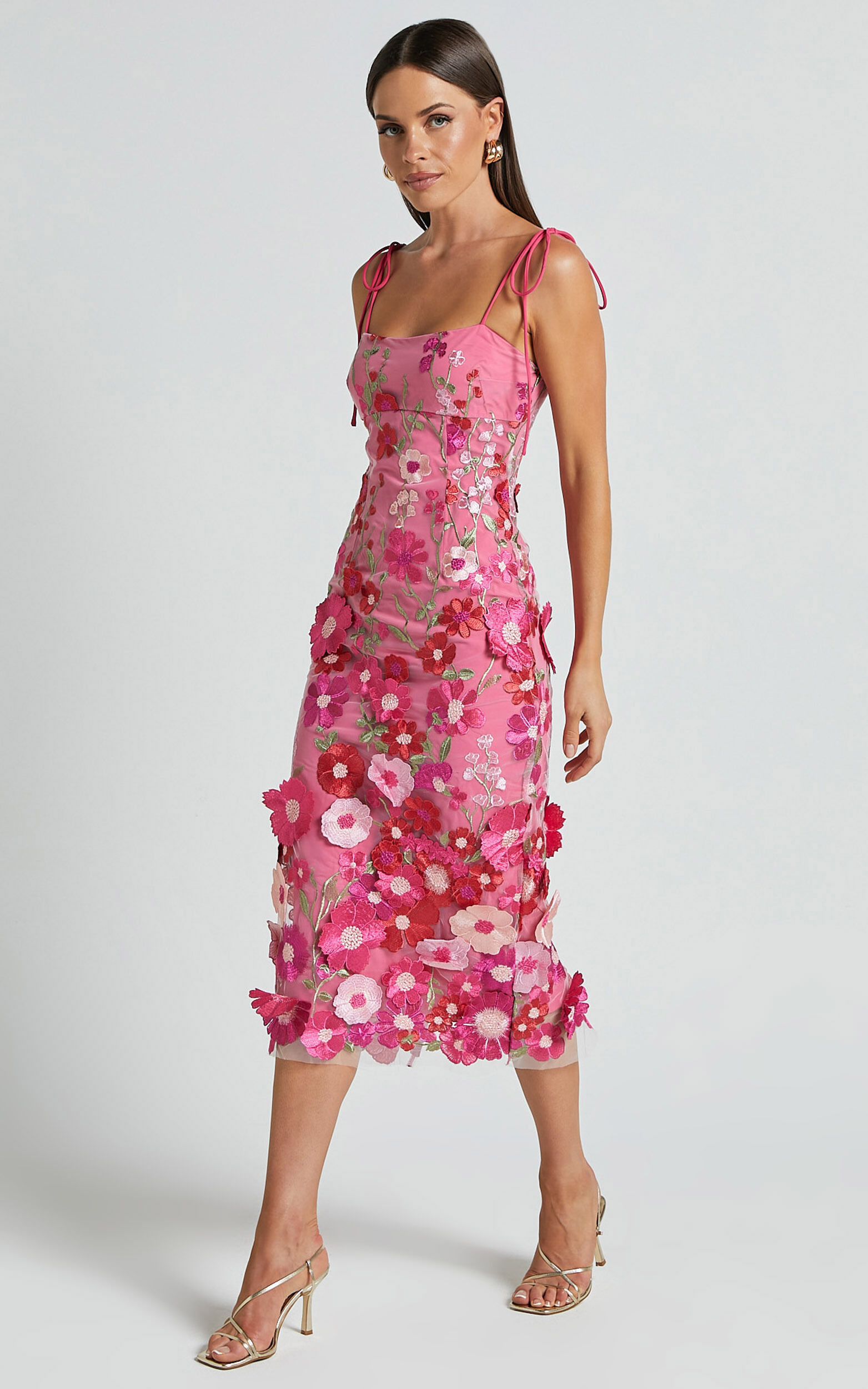 Jamich Midi Dress - Straight Neck Tie Strap Pencil Dress in Magenta ...