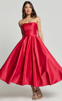 Helaina Midi Dress - Strapless A-Line Satin Dress in Red