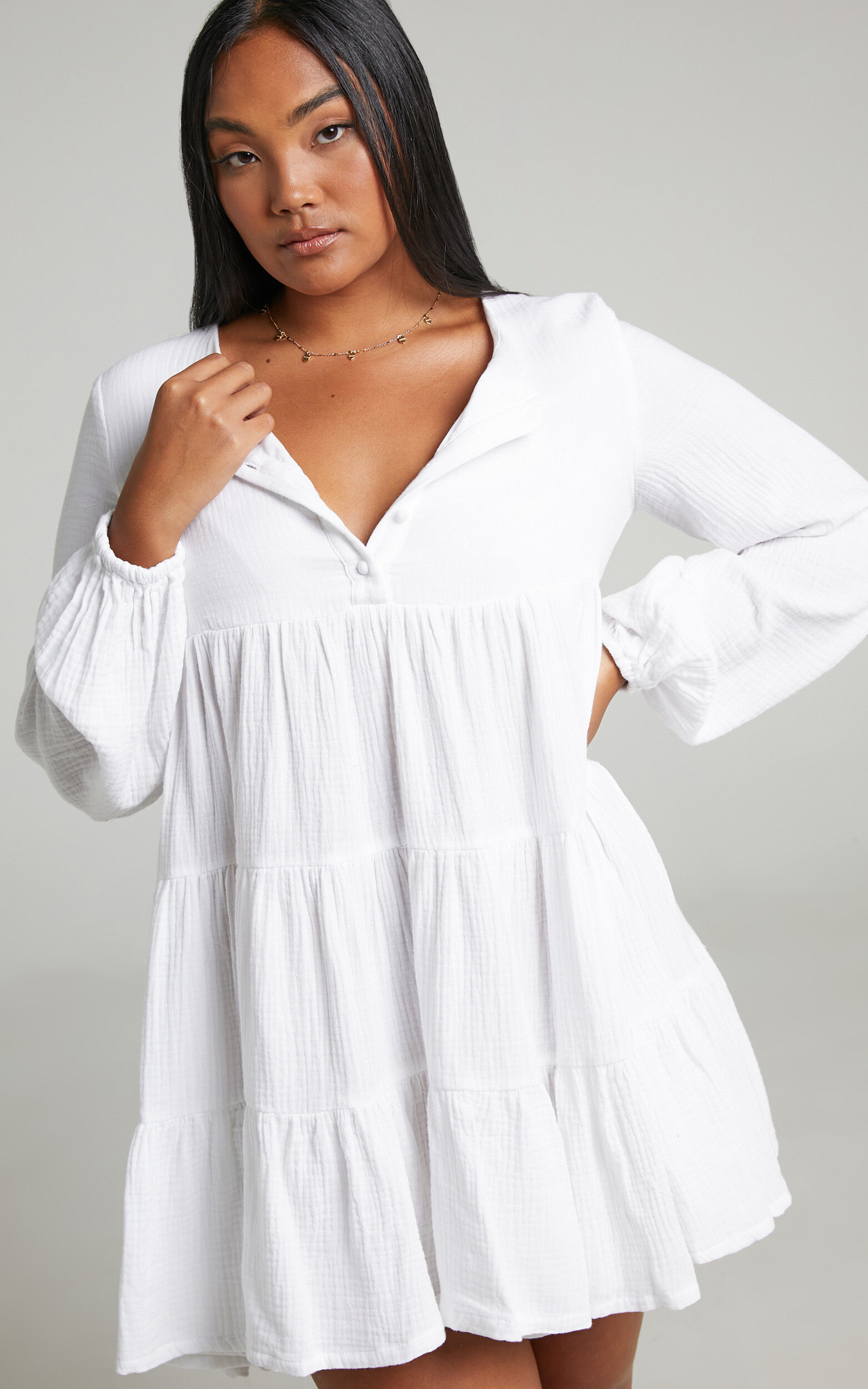Amalia Mini Dress Long Sleeve Smock Dress in White
