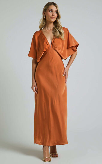 Lea Maxi Dress - Plunge Short Flutter Sleeve in Rust