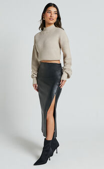 Chantel Midi Skirt - High Waist Ruched Faux Leather Skirt in Black