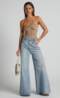 Jelena Top - Jersey Strapless Twist Front Top in Tan