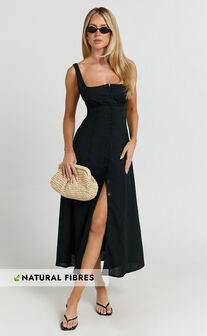 Cameron Midi Dress - Button Front Tie Back Dress in Black