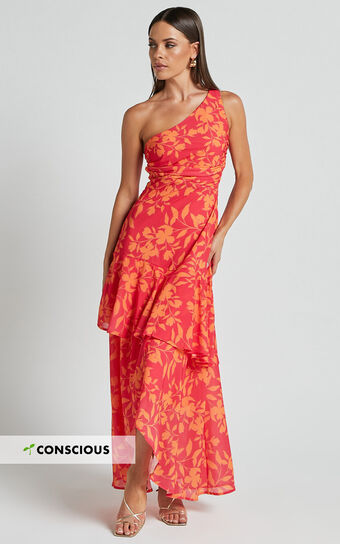 Reyes Midi Dress - Asymmetric One Shoulder With Ruffle Hem Dress in Shadow Fuchsia Print
