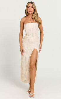 Aubrey Midi Dress - Strapless Thigh Split Dress in Cream