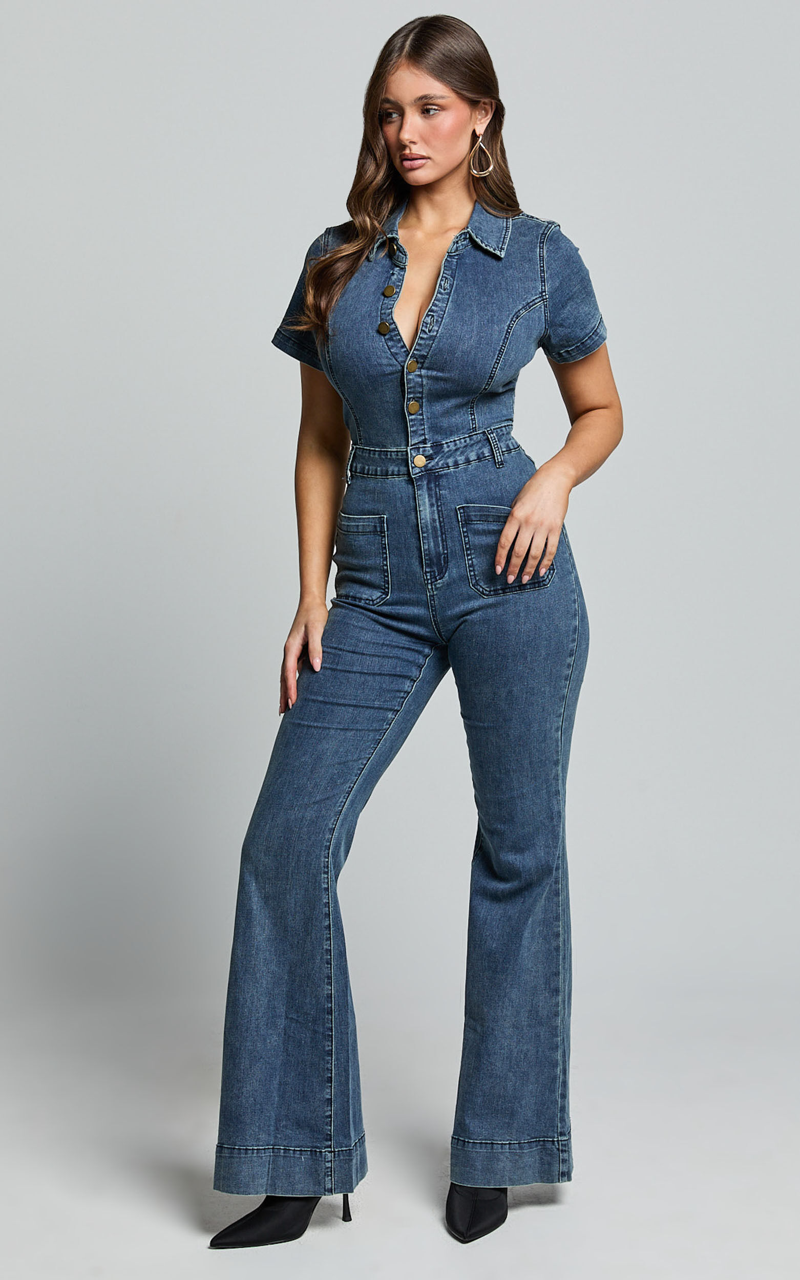 Silvena Jumpsuit Short Sleeve Flared Denim Jumpsuit in Indigo Wash