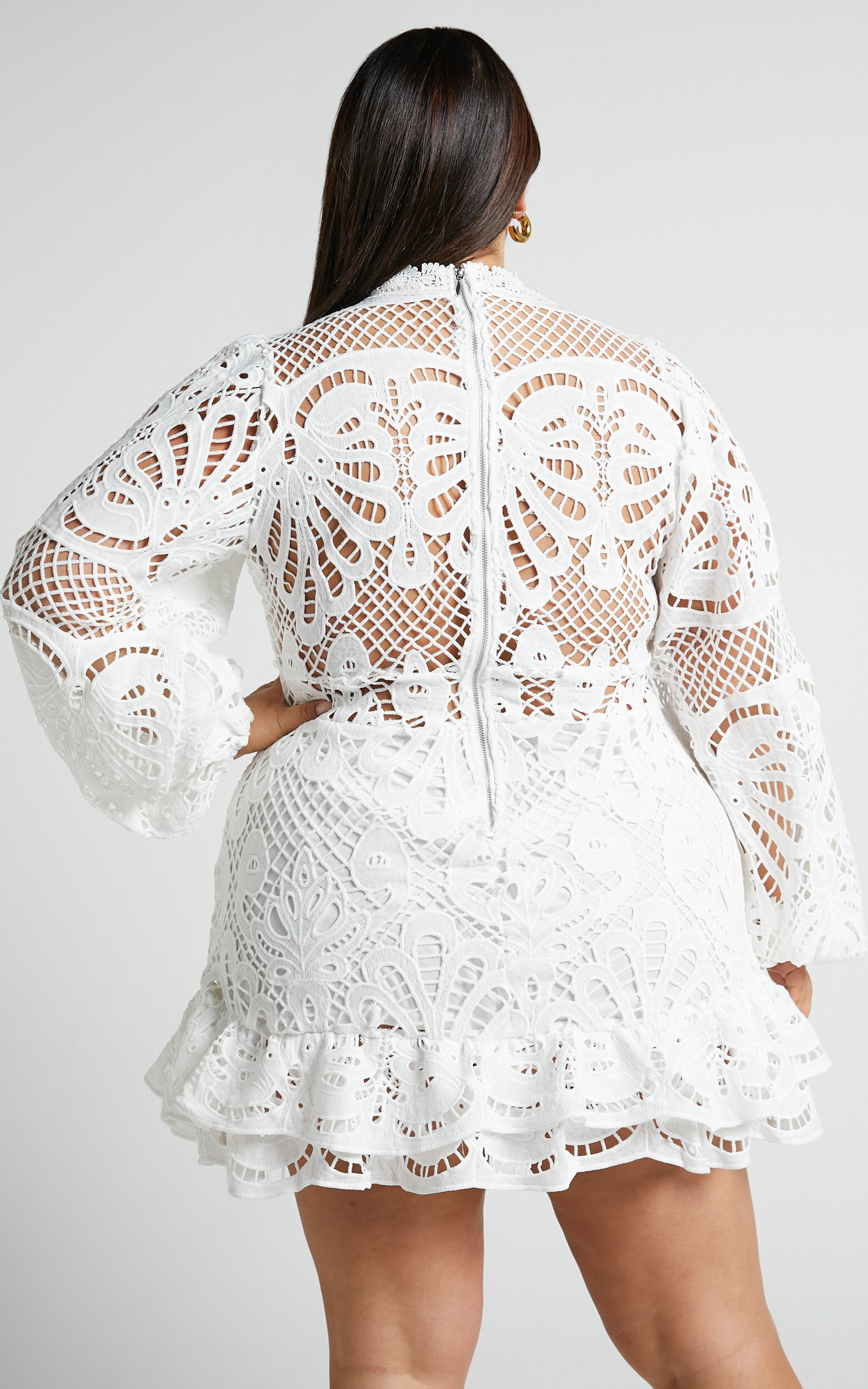 Kiss Me Now Mini Dress Long Puff Sleeve Dress in White Lace