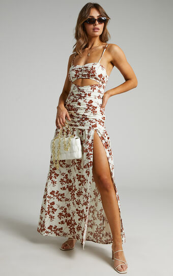 Mikaela Ruched Front Underbust Cut Out Maxi Dress in Shadow Floral