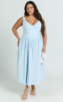 Beckett Midi Dress - Scoop Neck Drop V Waist Gathered Skirt Dress in Blue