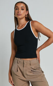 Lacey Top - Scoop Neck Contrast Bind Detail Top in Black/White