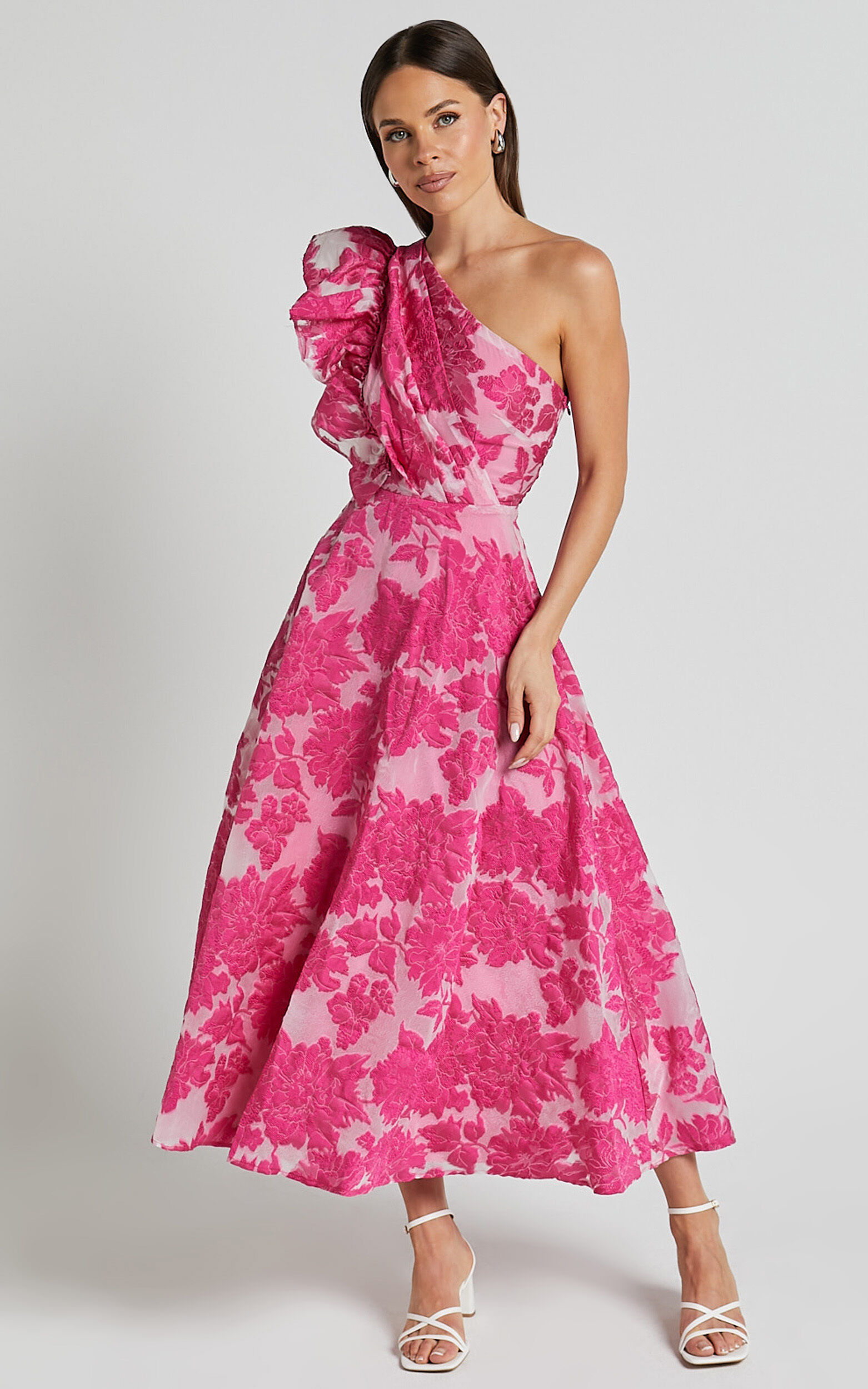 Alfreda Midi Dress - One Shoulder Ruffle Detail Brailey Jacquard Dress in  Pink | Showpo USA