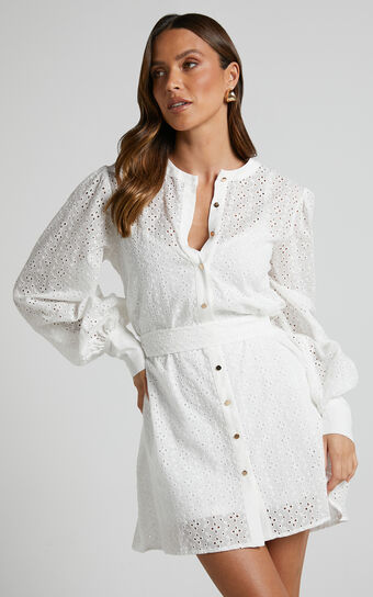 Felize Mini Dress - Broderie Anglaise Shirt Dress in White