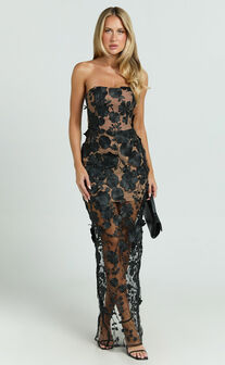 Sienna Maxi Dress - 3D Floral Strapless Column Dress in Black