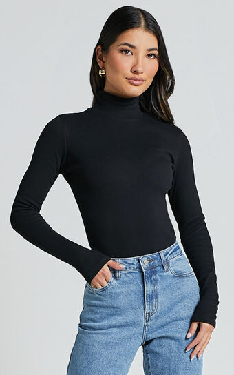 Isabela Bodysuit - High Neck Long Sleeve Ribbed Bodysuit in Black Showpo