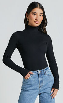 Isabela Bodysuit - High Neck Long Sleeve Ribbed Bodysuit in Black