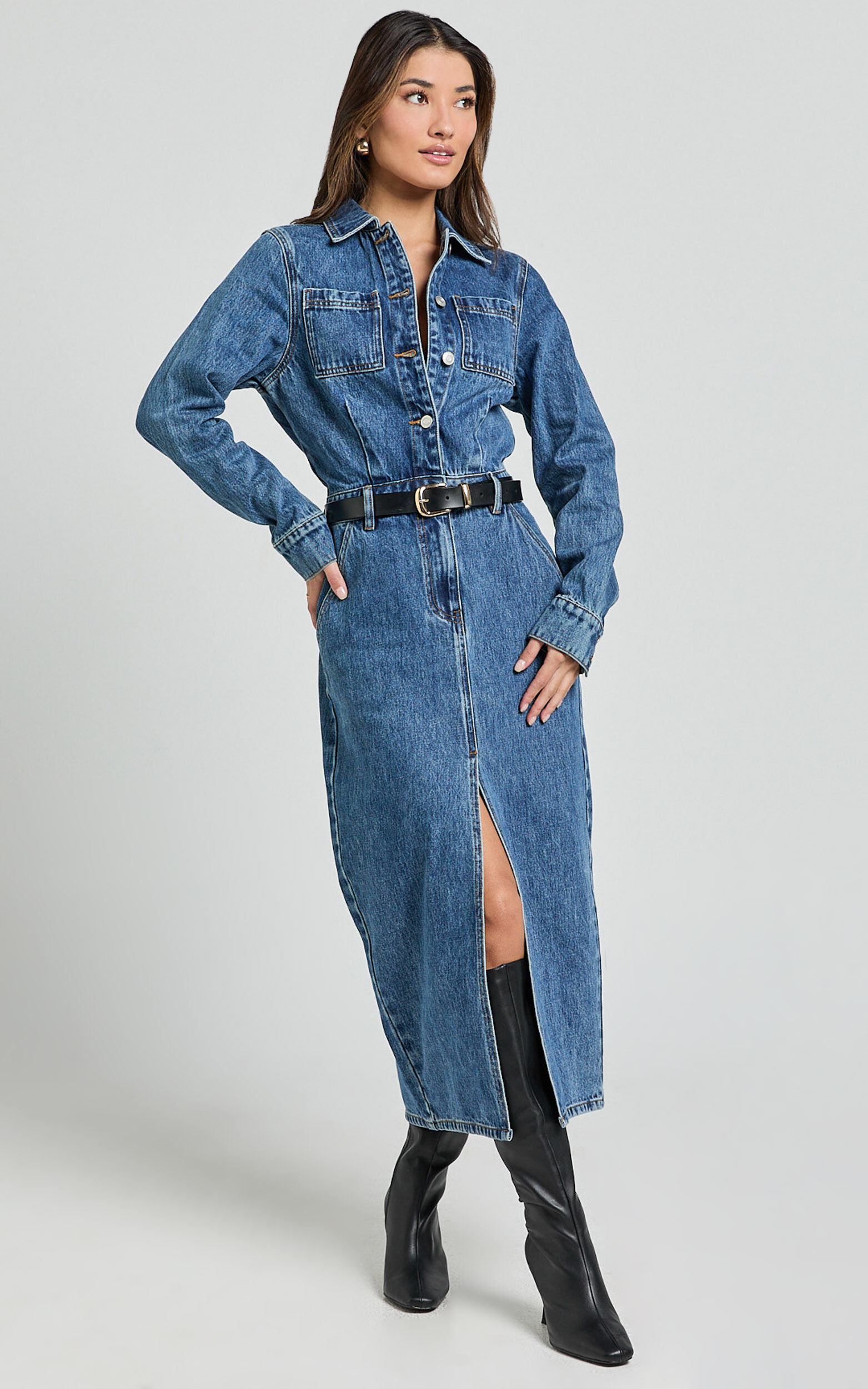 Long blue denim dress shop