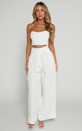 Denmark Two Piece Top and Pants Set - Strapless Top & Wide Leg Set in White