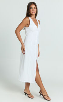 Juliet Midi Dress - Button Through V Neck Dress in White