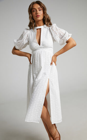 Sia Embroidered Puff Sleeve Open Back Midi Dress in White