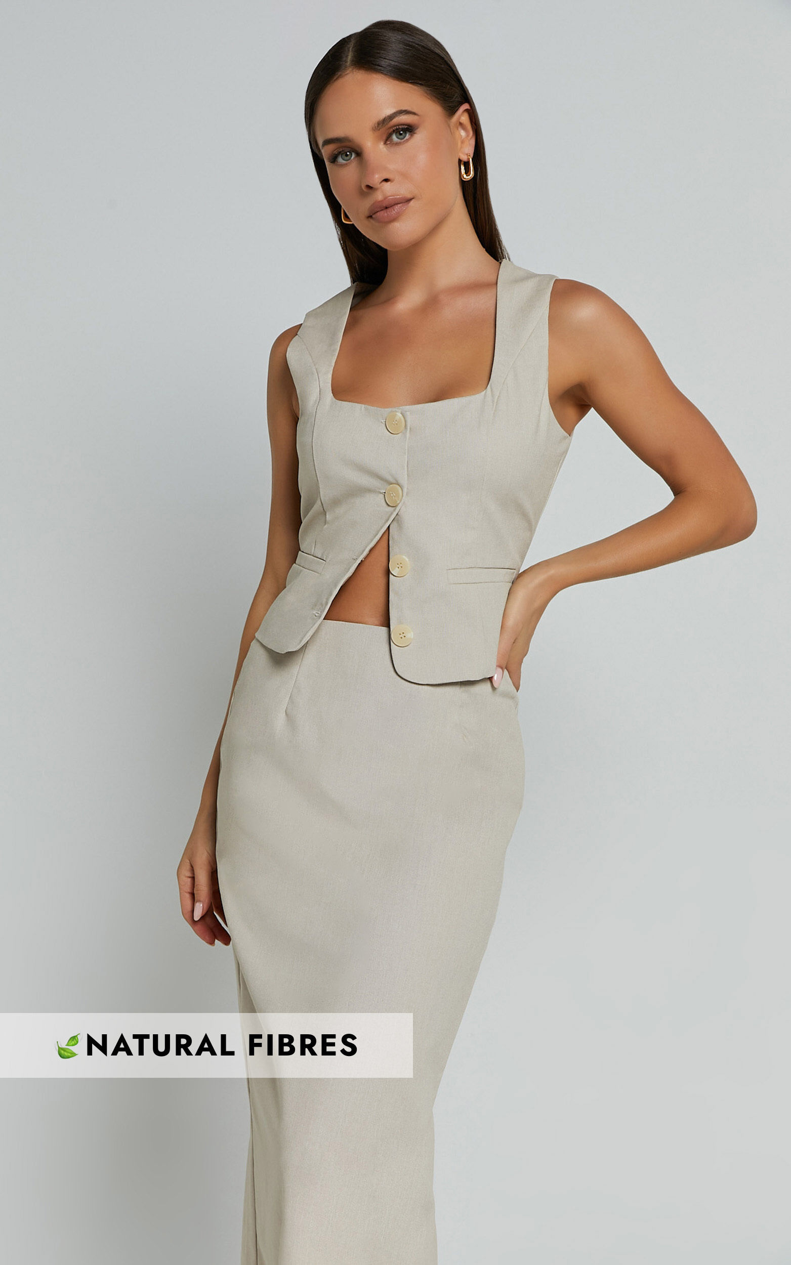 Elias Two Piece Set - Linen Square Neck Vest Top And Column Midi Skirt in Natural - 06, NEU1