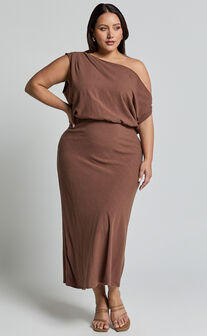 Jacqueline Midi Dress - Linen One Shoulder Dress in Chocolate