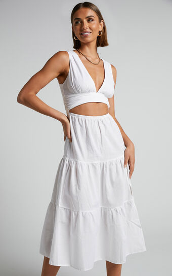 Spencer Midi Dress - V Neck Cut Out Tiered Dress in White