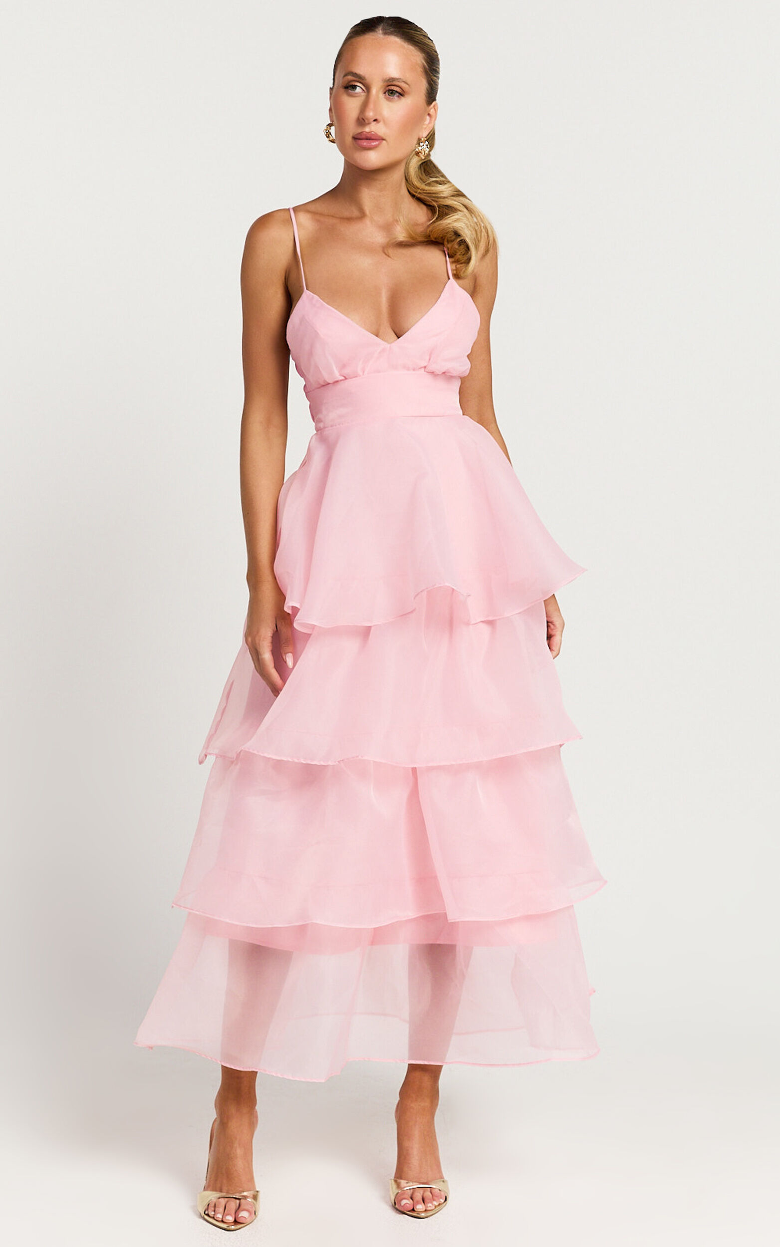 Cindy Midi Dress Layered Skirt Dress in Soft Pink Showpo